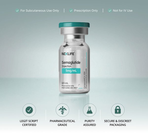 NexLife compounded semaglutide 5 mg/mL injection vial &mdash; 2.5 mL, prescription only, for subcutaneous use only