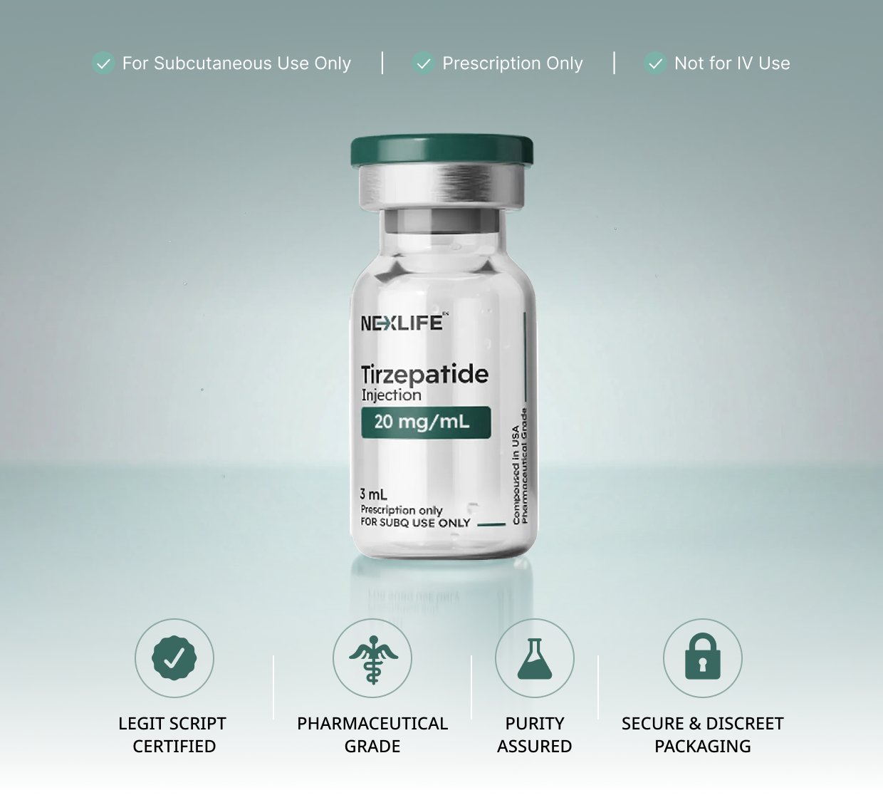 NexLife compounded tirzepatide 20 mg/mL injection vial &mdash; 3 mL, prescription only, for subcutaneous use only